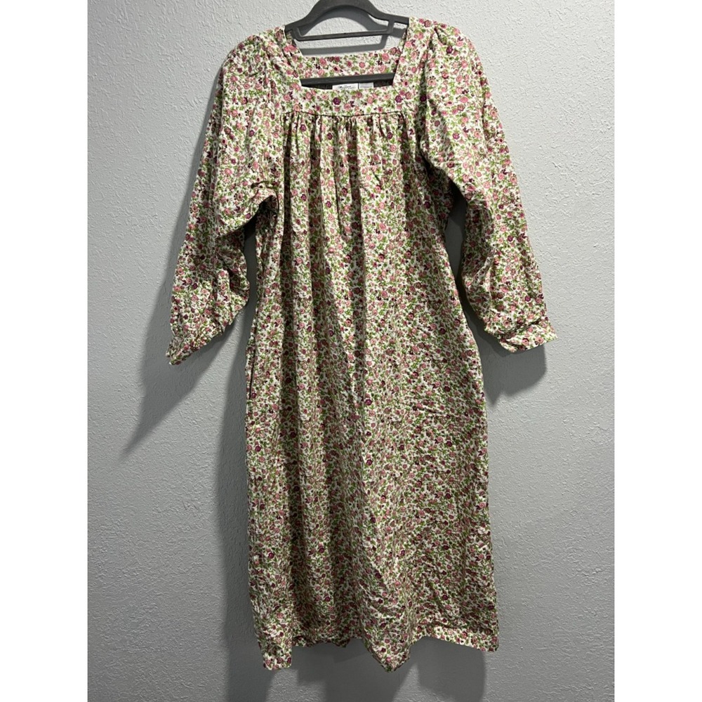 Vermont Country Store Flannel Square-Neck Nightgown Pink Green Floral Size L